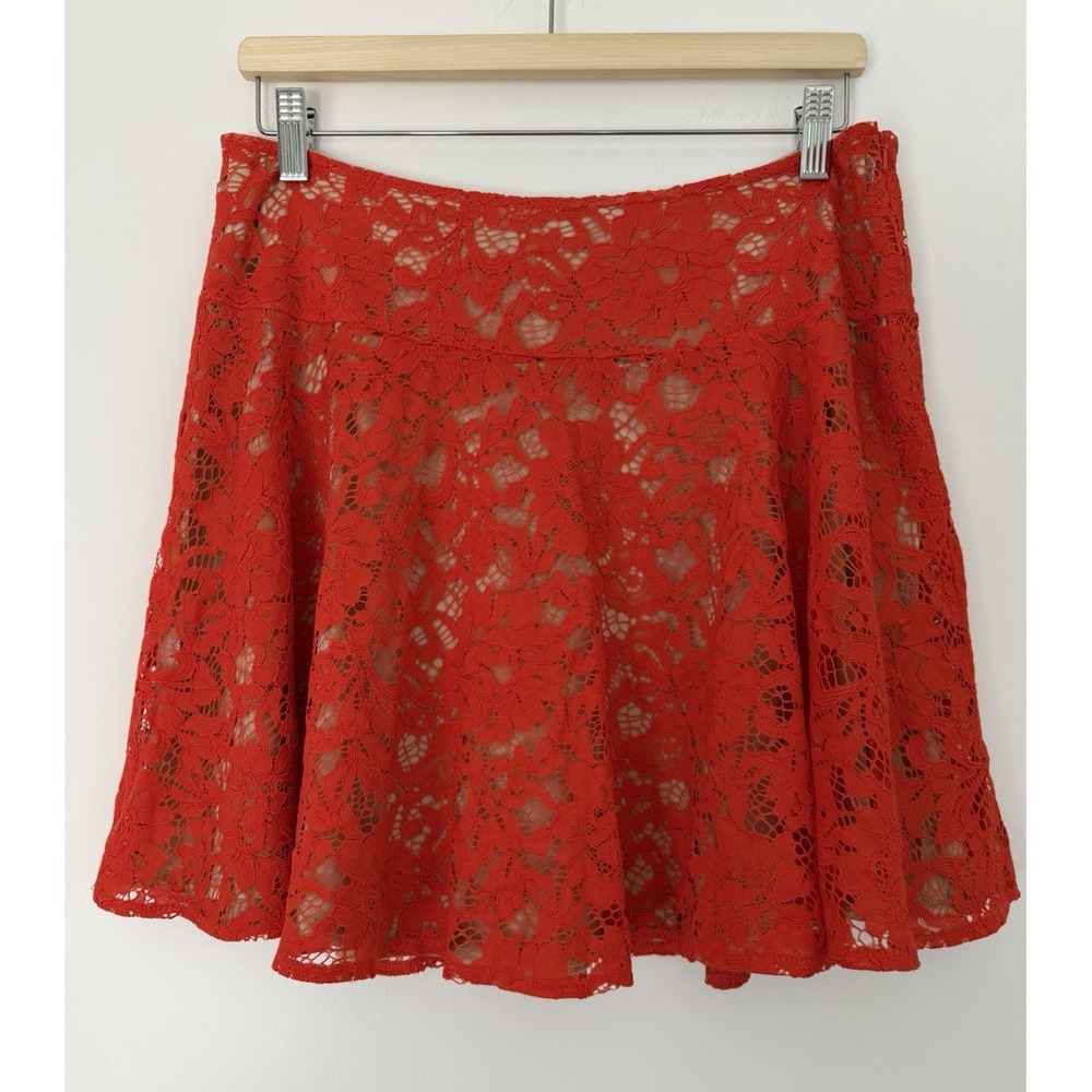 Paris Sunday Women's Lace Orange Flounced Short Skirt Size L Nude Lining Zip NWT
